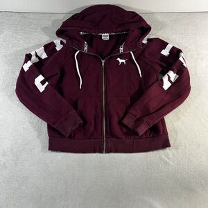 Victoria's Secret PINK Womens Sz Med Sweater Burgundy Full Zip Up Hoodie Jacket